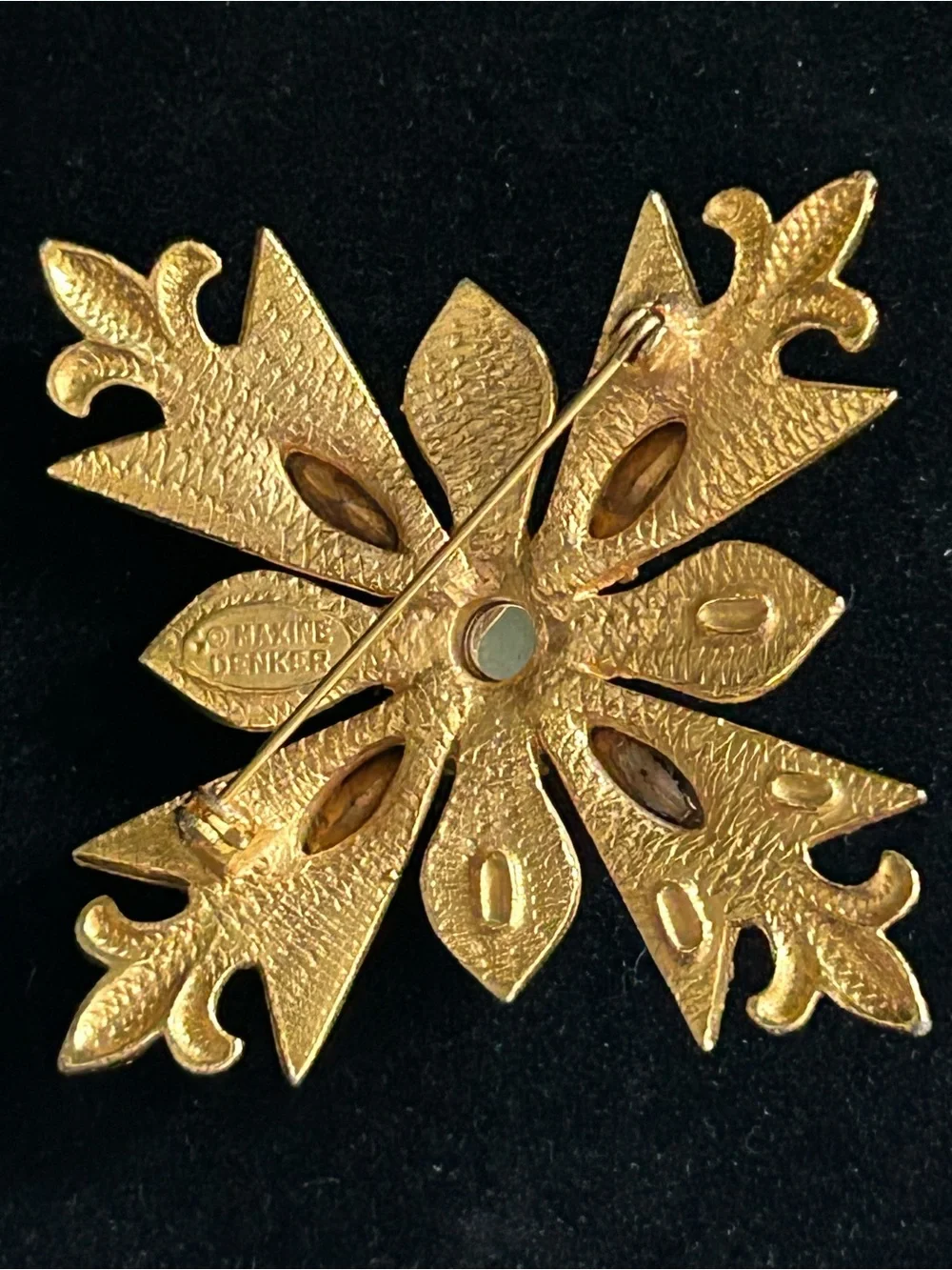 Maltese Cross with Fleur de Lis Brooch Rhinestone Purple Brown Gold Signed